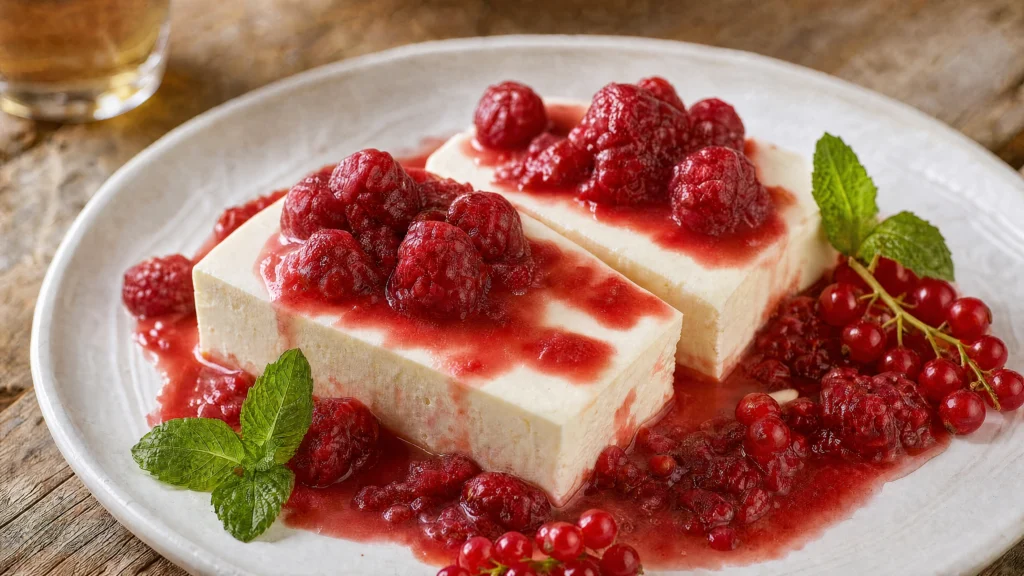 Kellerbier-Honig-Parfait mit karamellisierten Himbeeren